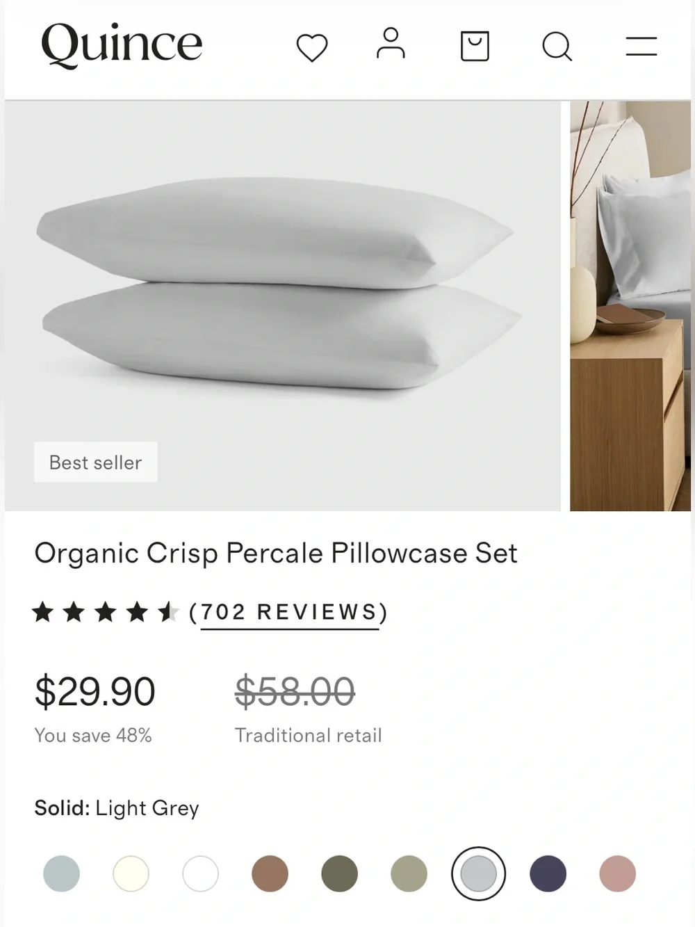 NWOT Quince Organic Crisp Percale Pillowcase Set, Standard (Light Gray)
